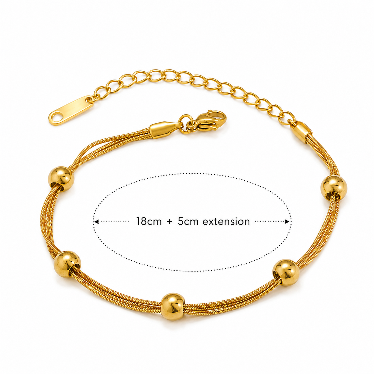 Gold-tone chain bracelet with three polished round beads and an adjustable clasp extension, shown on a white background with a measurement overlay indicating 18cm length and 5cm extension.