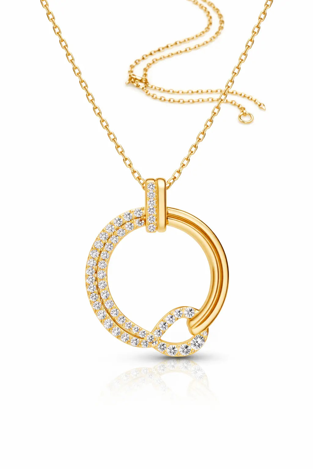 Gold necklace with a circular pendant on a white background