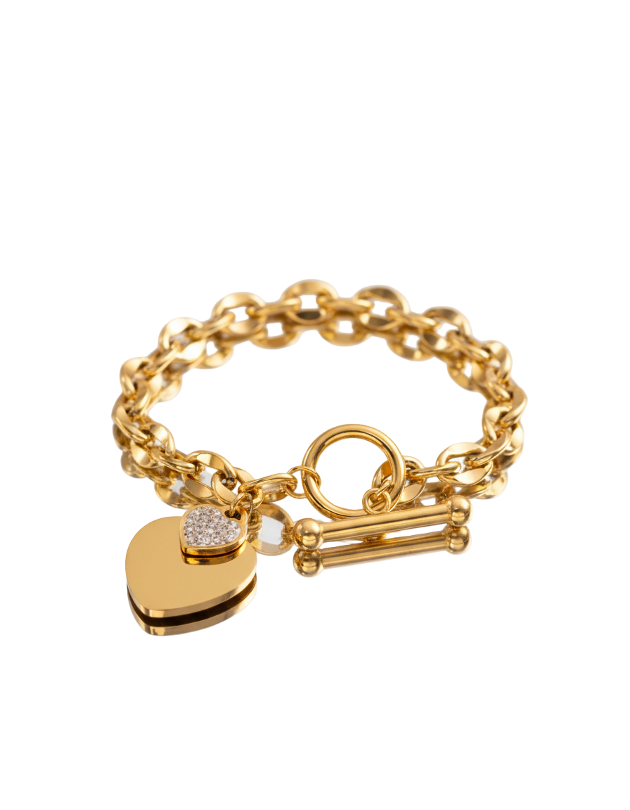 Heart Link Toggle Bracelet in 18K gold-plated 304 stainless steel with rhinestone inlaid heart design by Dione Canada