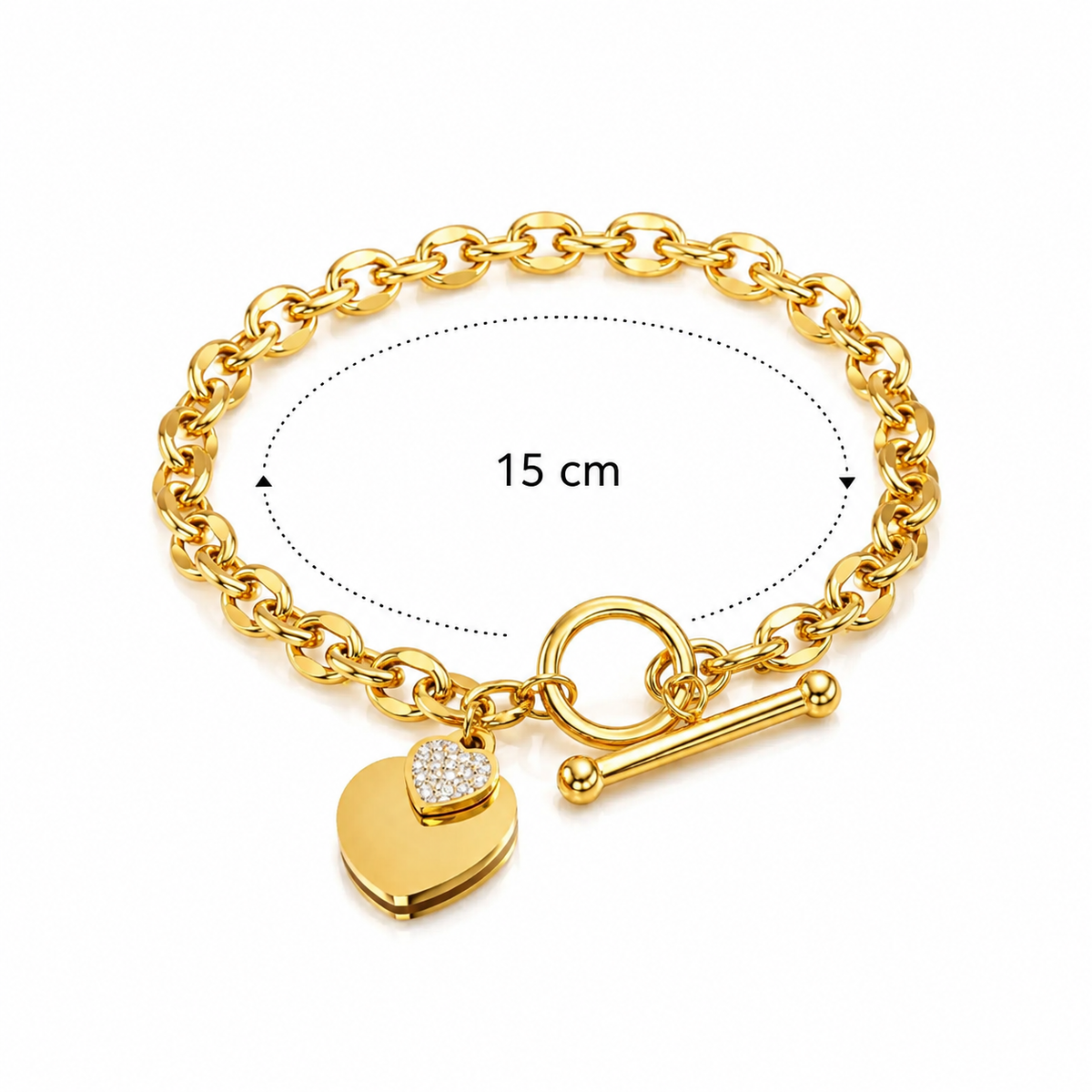 Gold chain bracelet with a toggle clasp and two heart charms, one plain and one set with small clear stones. A dotted oval outline shows the bracelet's 15 cm width on a white background.