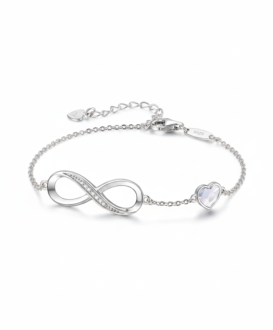 Infinity Amora Bracelet in S925 sterling silver with radiant white gold finish and infinity-heart charm by Dione Canada