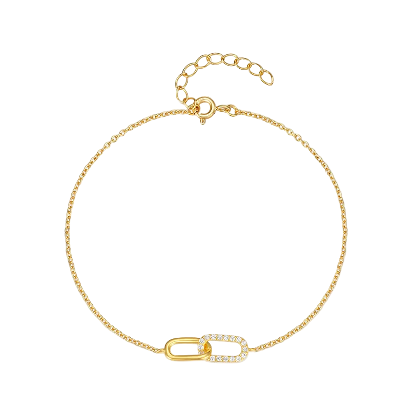 Liora Bracelet in 925 sterling silver with polished gold plating and zircon inlay, interlocking geometric link design by Dione Canada