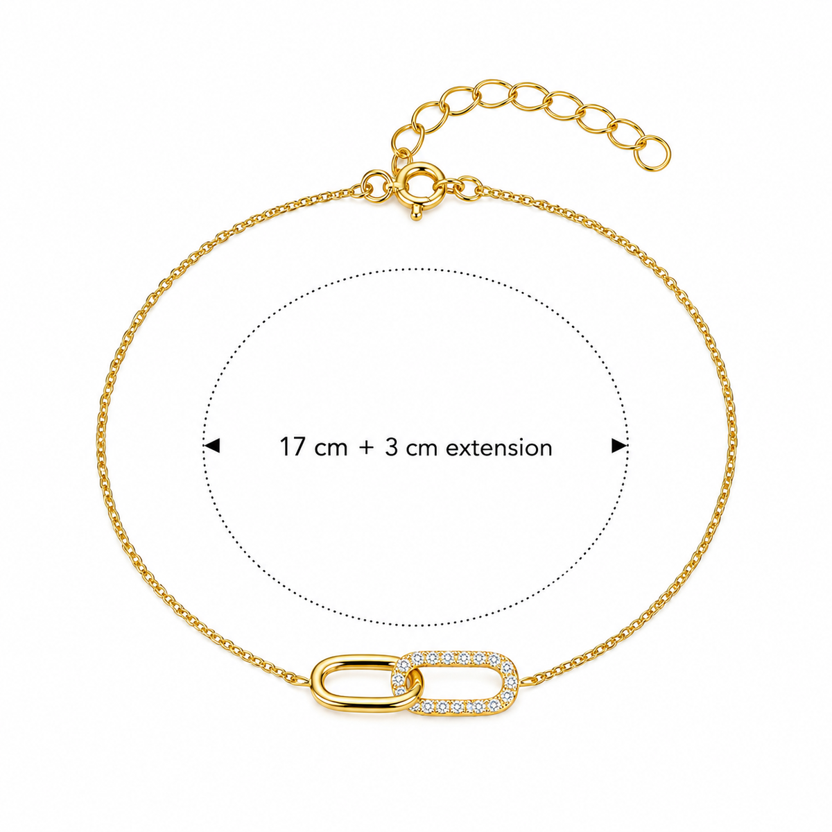 Gold chain bracelet with an oval link detail paved with small clear stones, shown on a white background with a measurement overlay indicating 17 cm circumference and 3 cm extension.