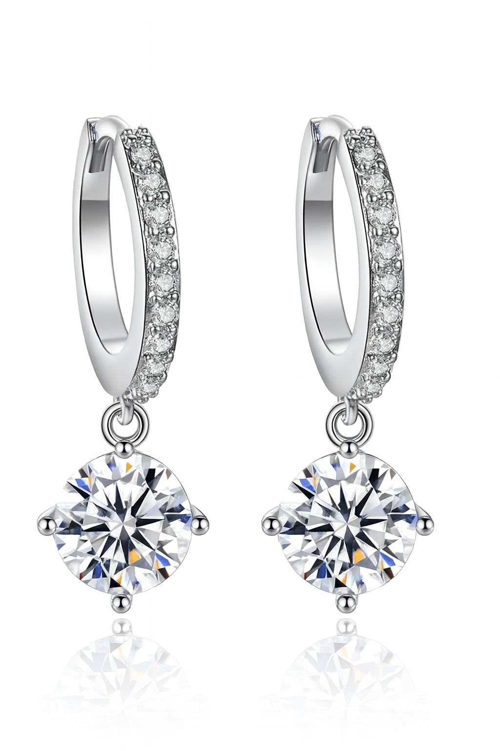 Liora Drops Earrings in 925 sterling silver with rhodium plating and white cubic zirconia, geometric drop-hoop by Dione Canada