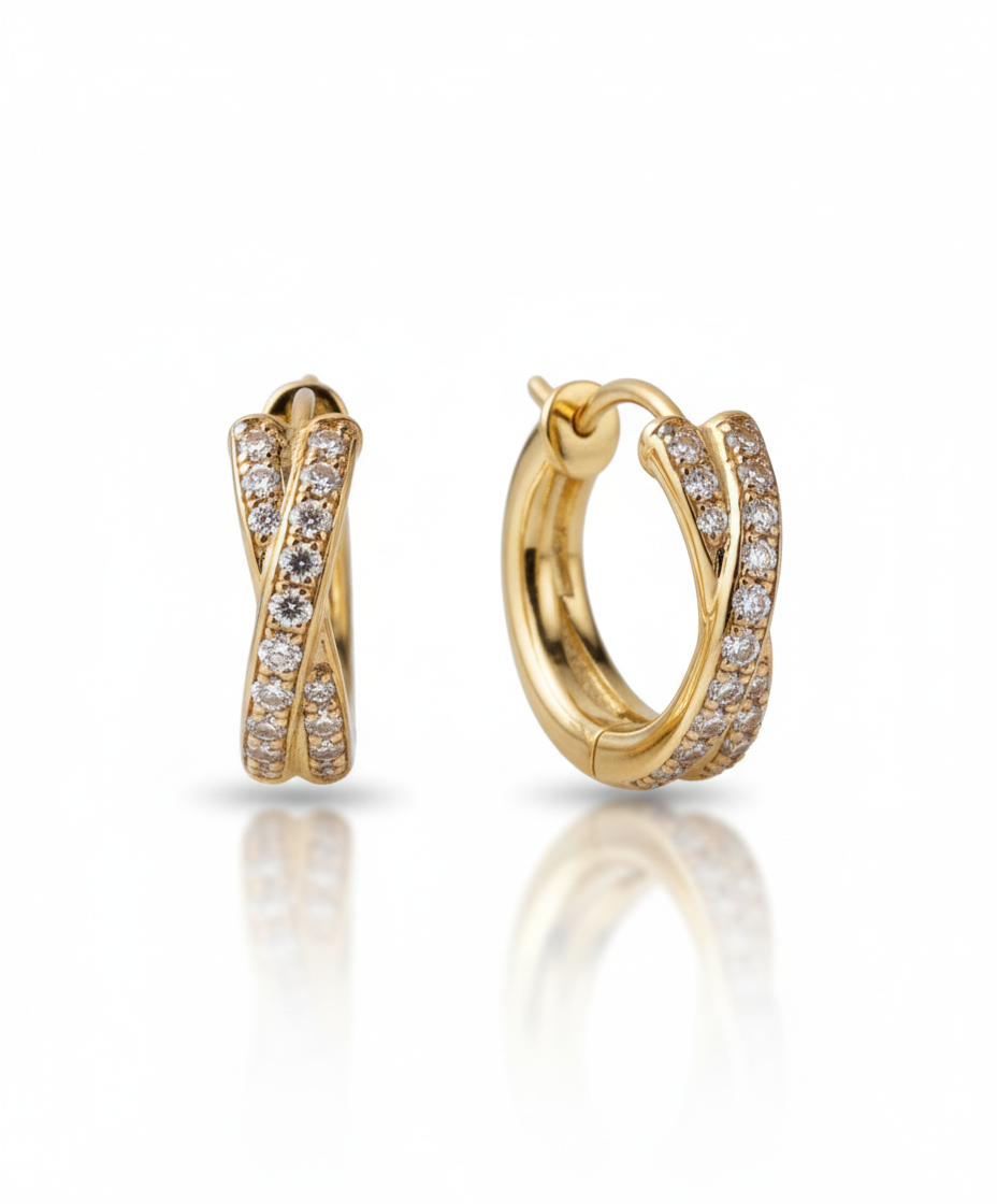 Lumi Hoops Earrings in 18K gold-plated 925 sterling silver with cubic zirconia stones, elegant huggie hoop design by Dione Canada