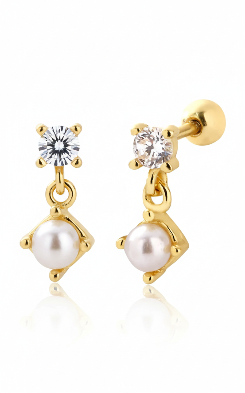 Lustre Duo Earrings in 925 sterling silver with gold plating, featuring a luminous pearl suspension beneath a brilliant-cut zircon by Dione Canada