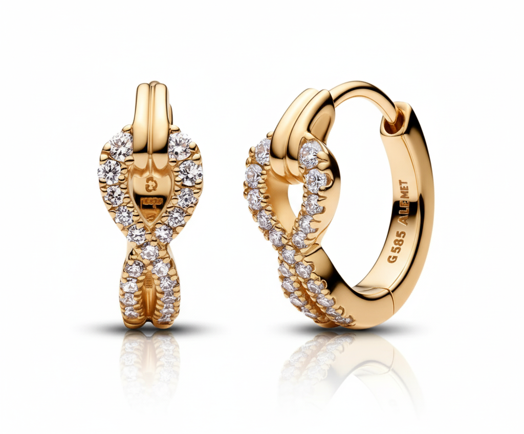 Luxe Loop Earrings crafted from gold-plated copper with geometric loop design and zircon accents by Dione Canada