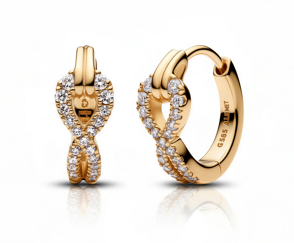 Luxe Loop Earrings crafted from gold-plated copper with geometric loop design and zircon accents by Dione Canada