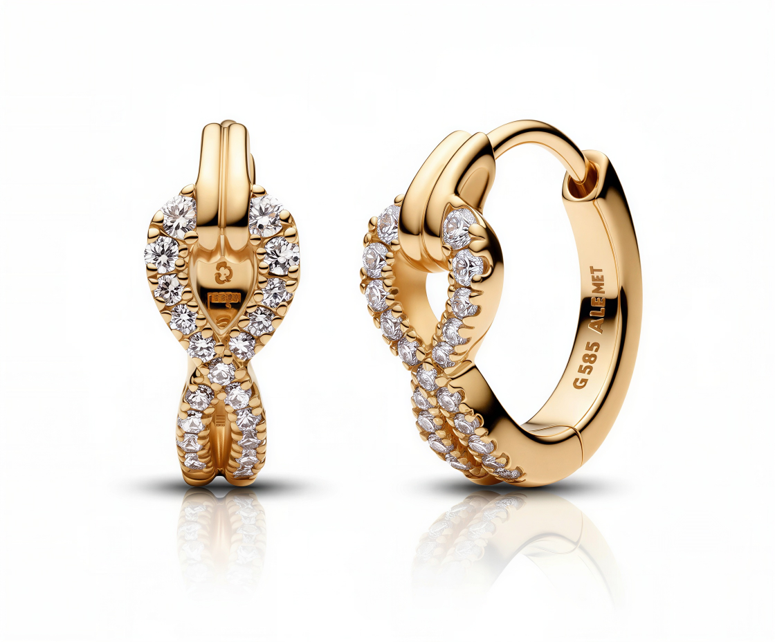 Luxe Loop Earrings crafted from gold-plated copper with geometric loop design and zircon accents by Dione Canada