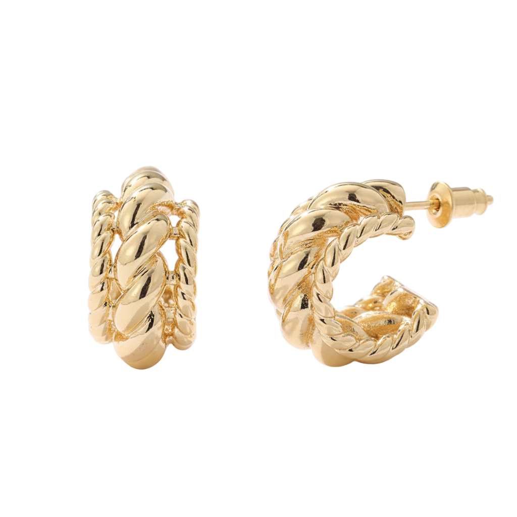Luxea Hoops Earrings in 14K gold-plated brass, twisted C-shape design with luxury polish by Dione Canada