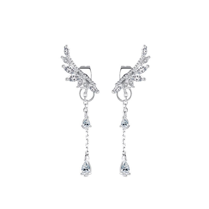 Lyria Earrings in 925 sterling silver with platinum plating, wing-inspired twin drop design with high-quality zircon crystals by Dione Canada