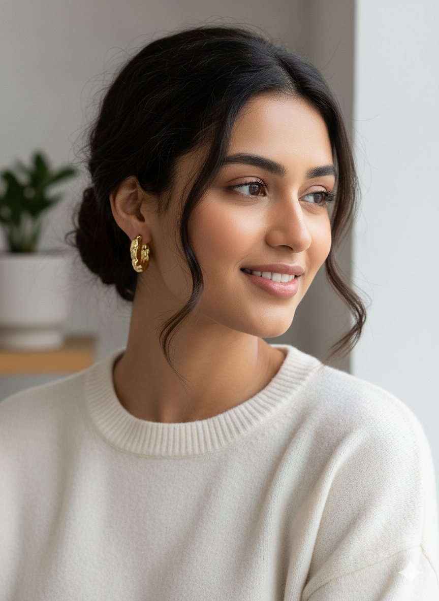 Model wearing Auric Wave Hoops Earrings – luxury minimal sculptural wave hoops in 18K gold-plated silver designed by Dione Canada