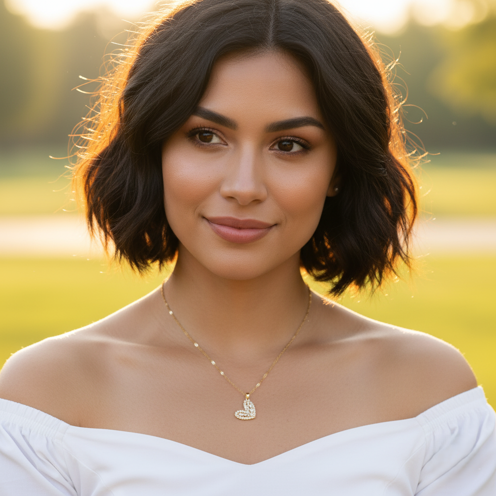 Model wearing Aurielle Necklace – gold-plated stainless steel heart-pendant necklace with pavé-crystal detailing by Dione Canada