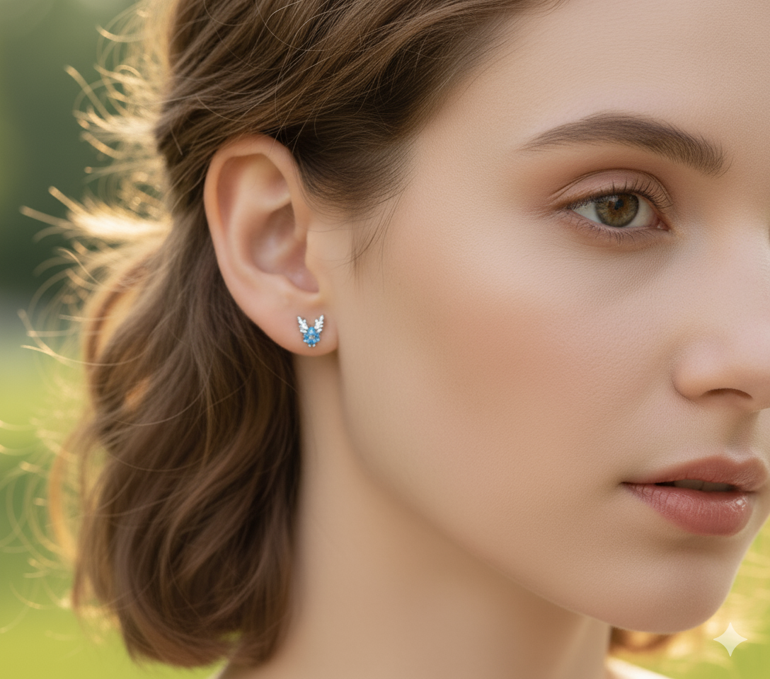 Model wearing Aurora Frost Earrings – platinum-finish S999 silver stud earrings with sky-blue gemstone and whimsical antler detail, by Dione Canada