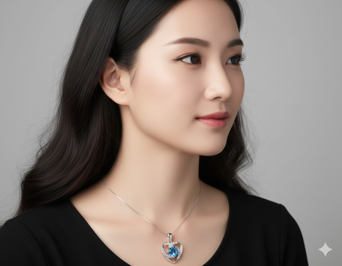 Model wearing Azure Heart Necklace – open-heart pendant with sky-blue gemstone and white crystals on platinum-plated sterling silver chain by Dione Canada