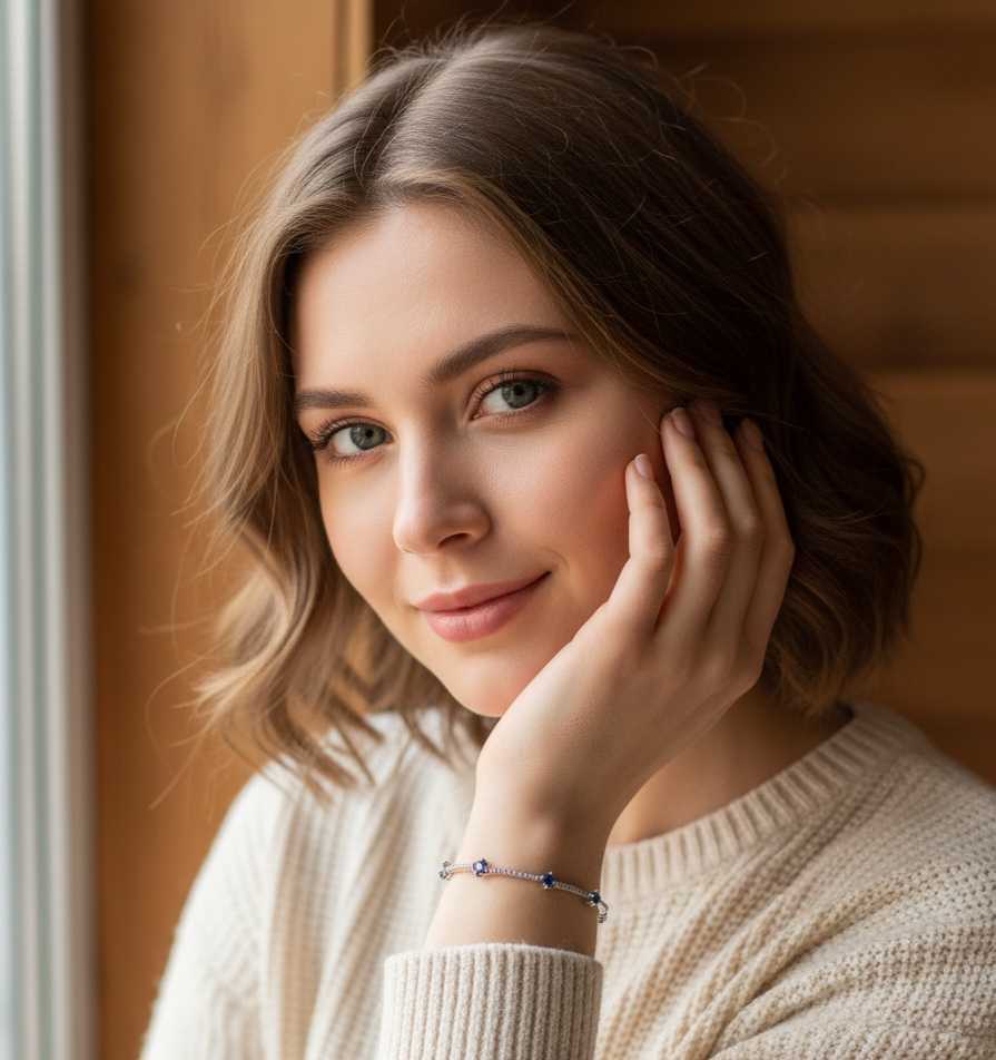 Model wearing Blue Orbit Chain Bracelet – sterling silver bracelet with heart-link structure and blue gemstone detailing by Dione Canada