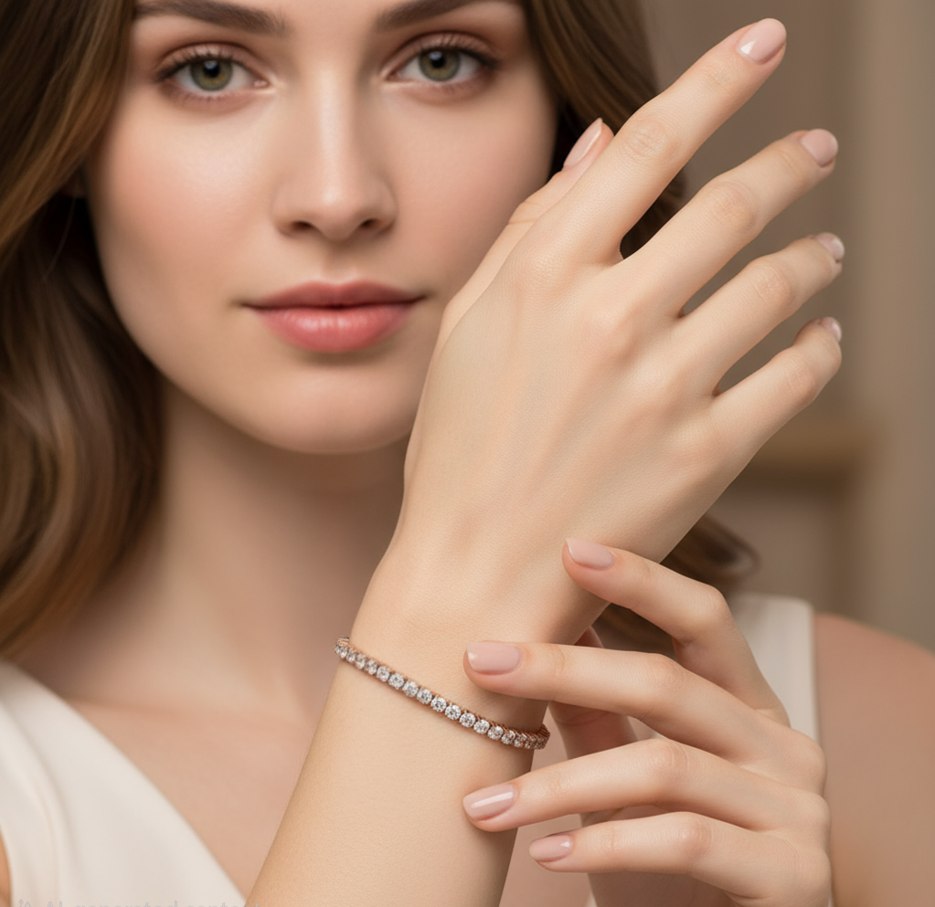 Model wearing Blush Radiant Tennis Bracelet – elegant rose-gold copper tennis bracelet with zircon brilliance by Dione Canada