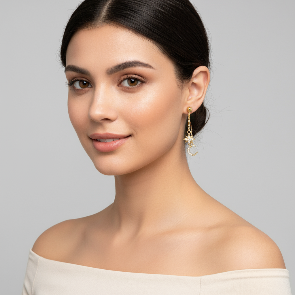 Model wearing Celest Earrings – gold-plated 925 sterling silver drop earrings with star and moon design, crafted by Dione Canada