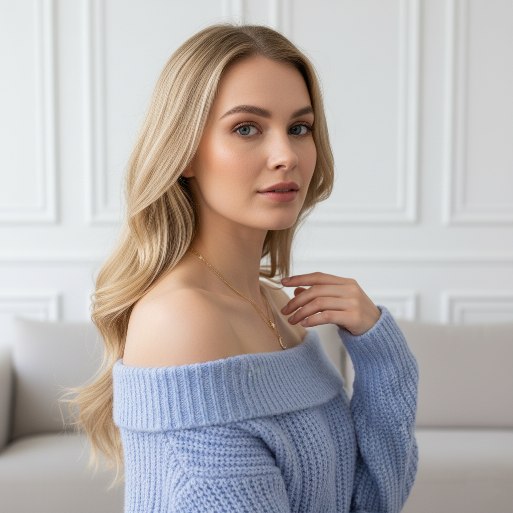 Model wearing Celeste Duo Necklace – double-layer cable chain necklace with star and crescent moon motifs and zircon accents by Dione Canada