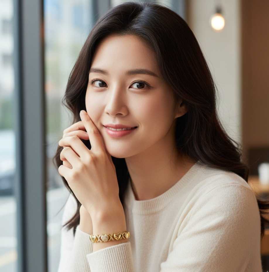 Model wearing Diamond Heart Bracelet – gold-plated copper bracelet with alternating polished and pavé zircon heart links by Dione Canada