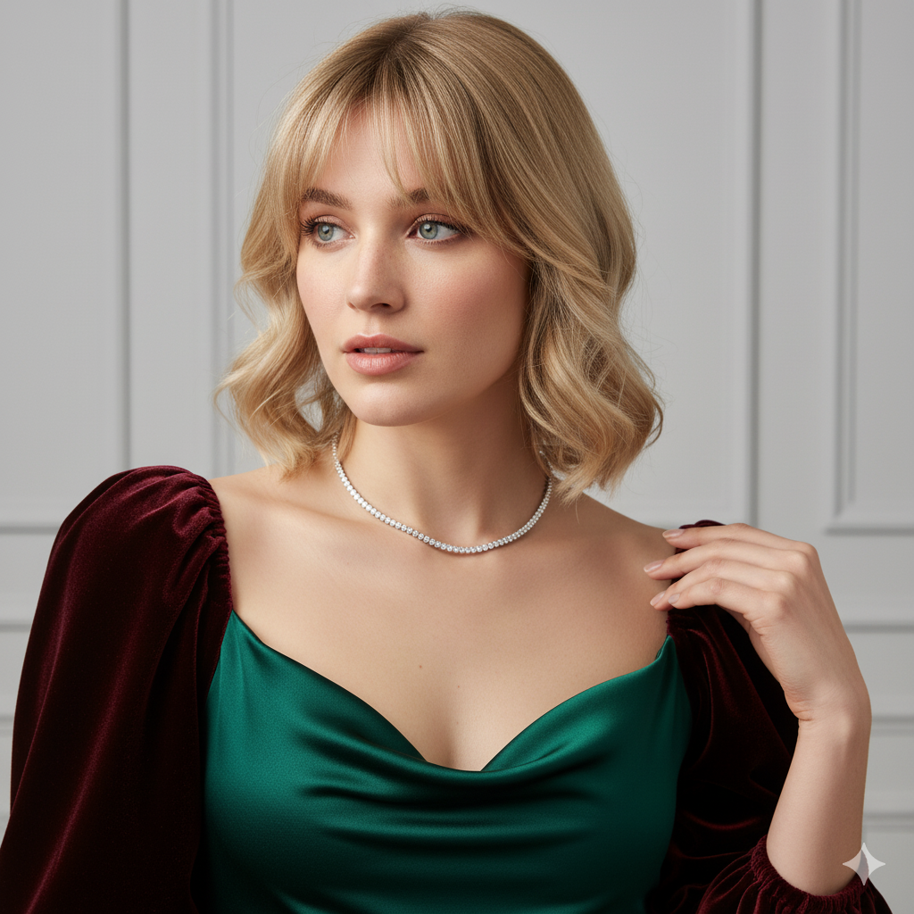 Model wearing Eterna Tennis Necklace – sterling silver tennis chain necklace with brilliant-cut zircon accents by Dione Canada
