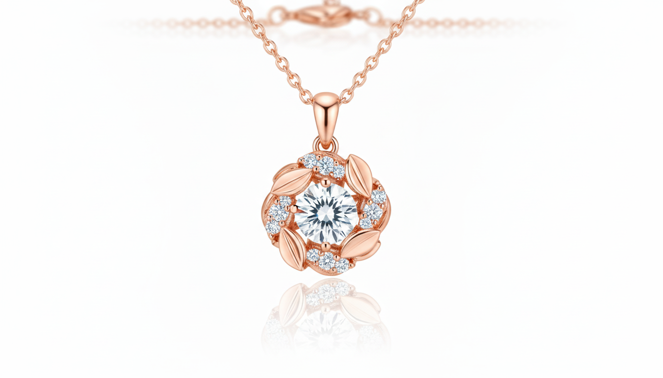 Model wearing Floral Grace Necklace – rose gold-plated sterling silver floral pendant with moissanite and zircon detailing by Dione Canada