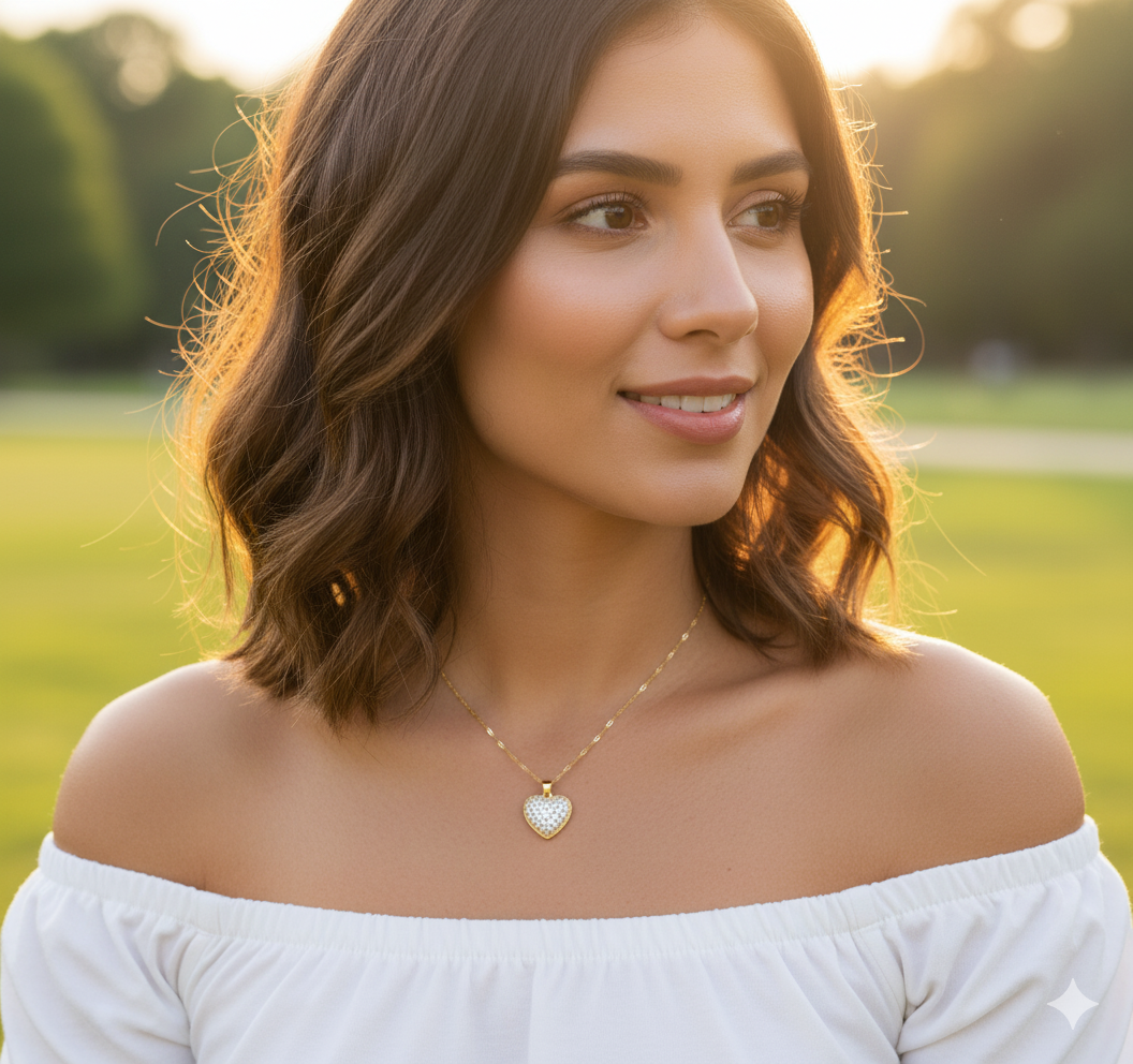 Model wearing Gilded Heart Vault Necklace – gold-plated heart-latch pendant with hidden pearl and glittering crystal surface, by Dione Canada