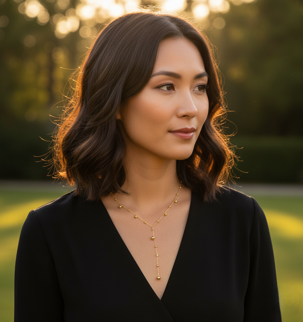 Model wearing Golden Cascade Necklace – elegant 18K gold ion-plated stainless steel necklace with cascading bead detail by Dione Canada