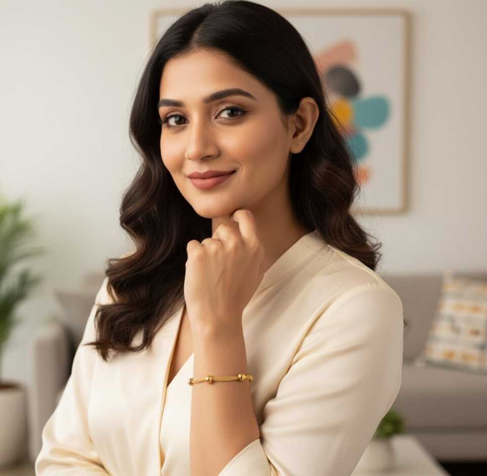 Model wearing Golden Halo Bracelet – minimalist modern bracelet in gold-plated stainless steel with polished bead elements, by Dione Canada