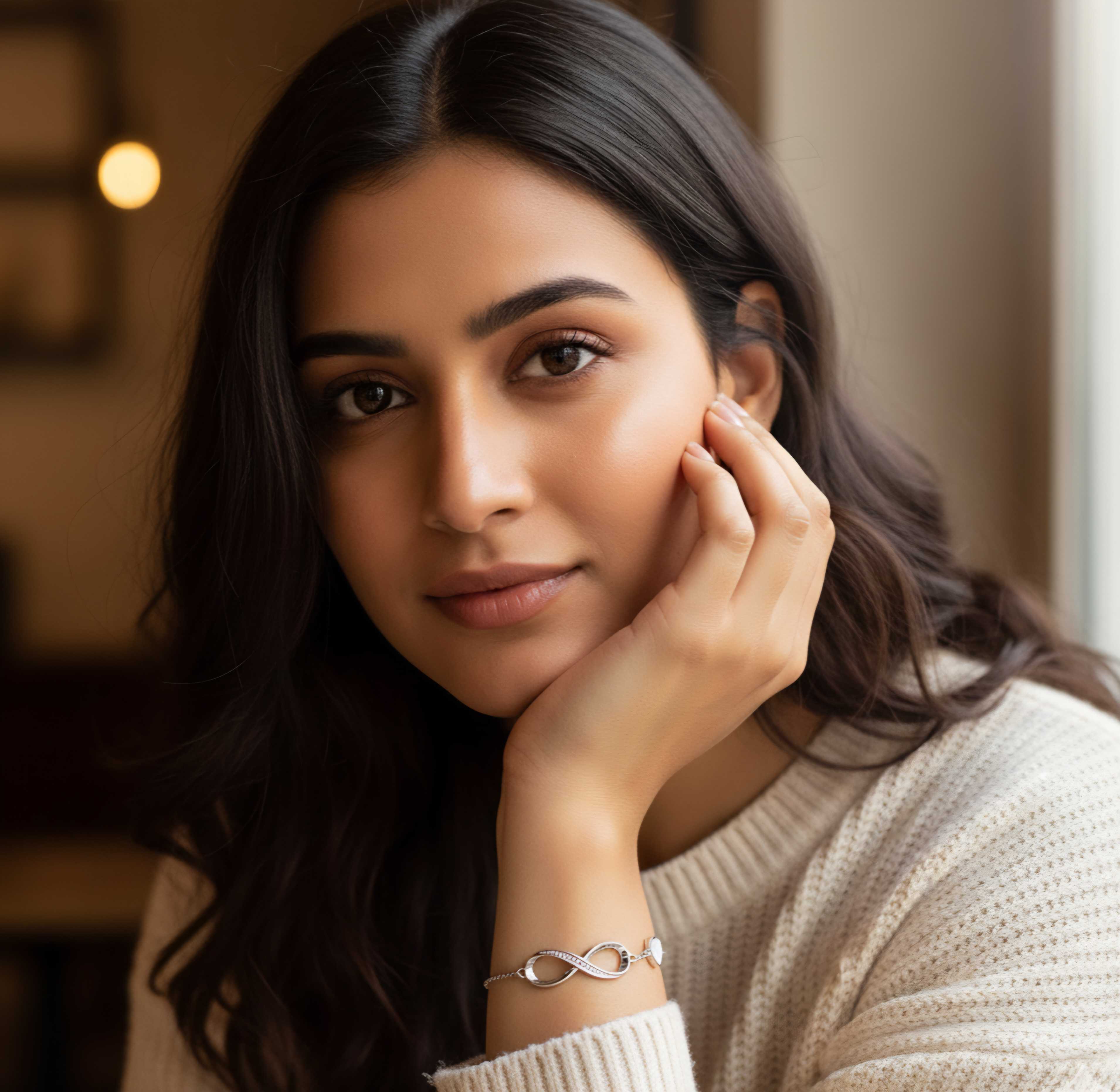 Model wearing Infinity Amora Bracelet – sterling silver bracelet with white gold polish and heart-infinity charm by Dione Canada