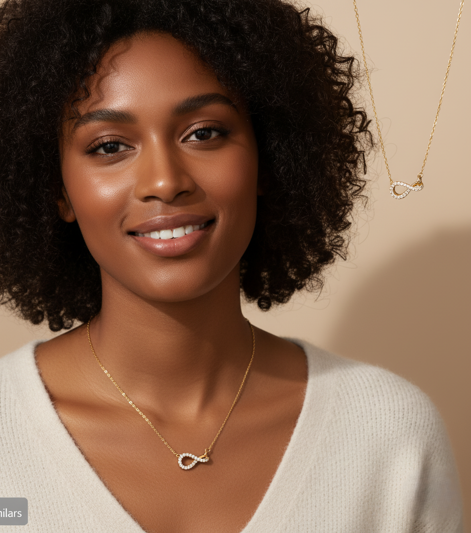 Model wearing Infinity Grace Necklace – elegant modern gold-plated pendant with infinity symbol on premium copper chain by Dione Canada