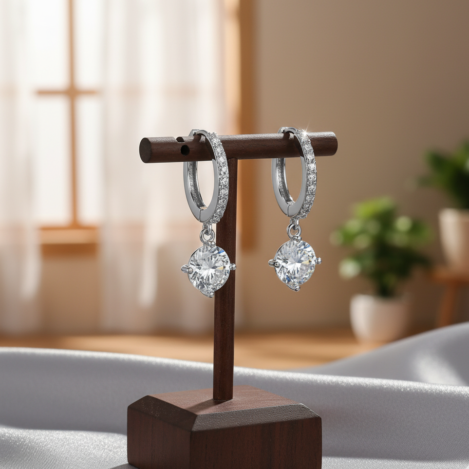 Model wearing Liora Drops Earrings – modern minimalist rhodium-plated silver drop hoops designed by Dione Canada