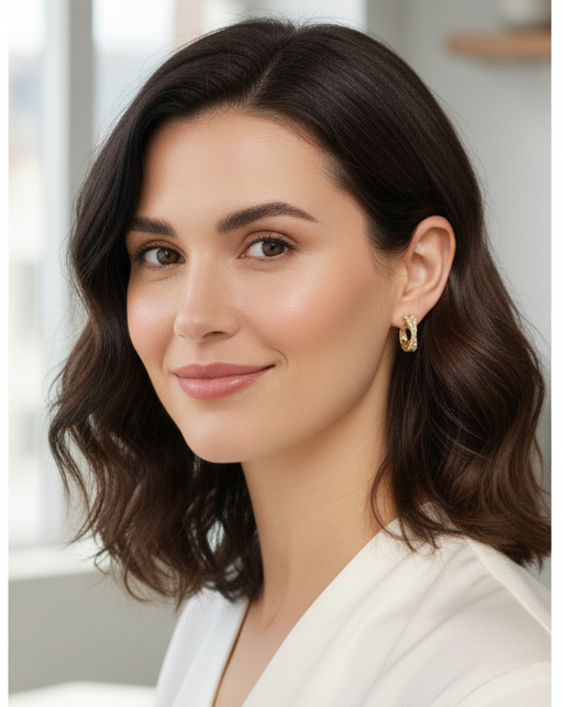 Model wearing Lumi Hoops Earrings – gold-plated sterling silver cubic zirconia huggie hoops, luxury modern jewelry by Dione Canada