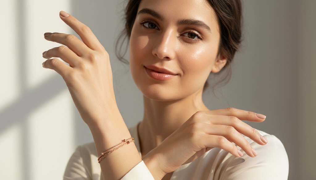 Model wearing Luna Blush Bracelet – rose gold-plated sterling silver bracelet with minimalist double-chain design by Dione Canada