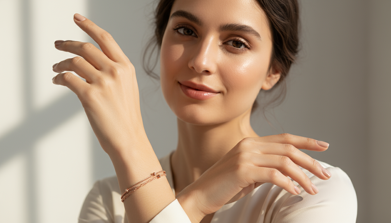 Model wearing Luna Blush Bracelet – rose gold-plated sterling silver bracelet with minimalist double-chain design by Dione Canada
