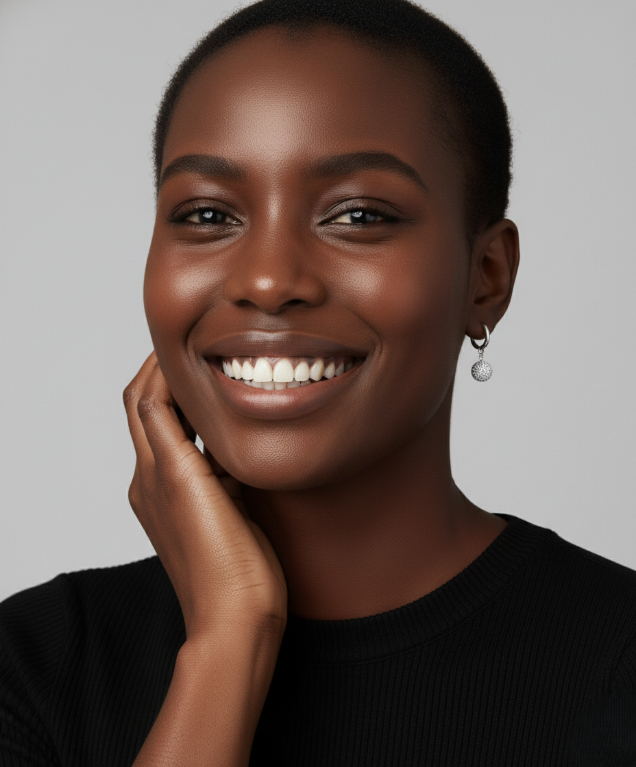 Model wearing Lunor Earrings – luxury minimal hoops in gold plated and silver finish, designed by Dione Canada