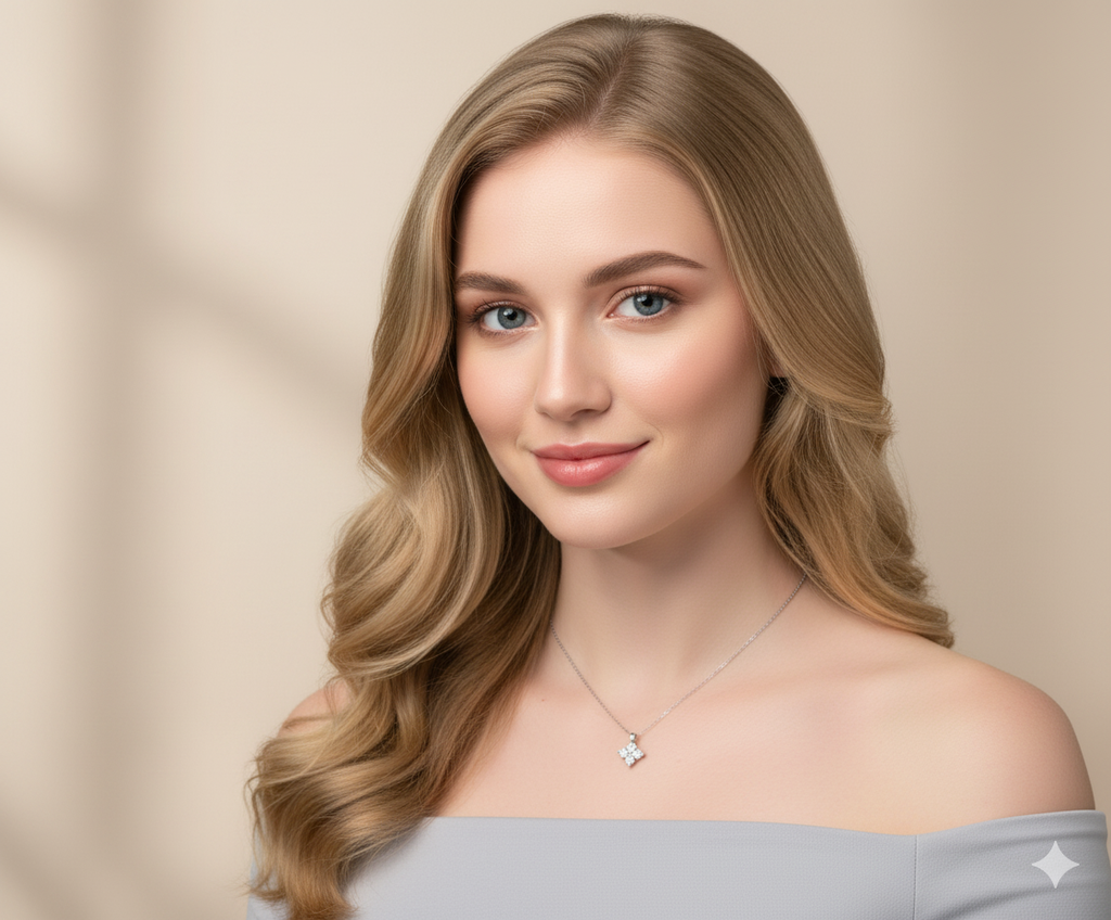 Model wearing Lustra Necklace – minimalist sterling-silver four-leaf clover pendant with zircon accents and high-polish finish by Dione Canada