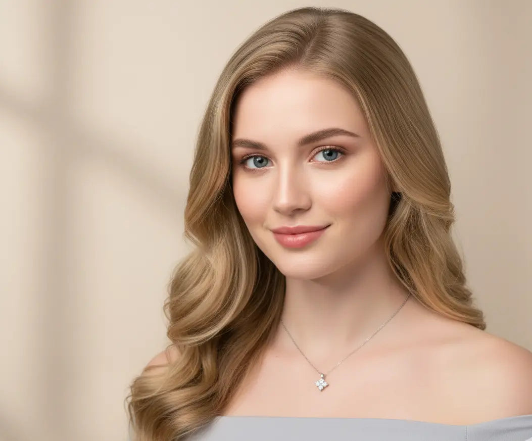 Model wearing Lustra Necklace – minimalist sterling-silver four-leaf clover pendant with zircon accents and high-polish finish by Dione Canada