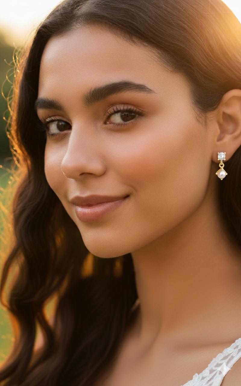 Model wearing Lustre Duo Earrings – pearl and zircon drop design in gold-plated sterling silver, minimalist luxury by Dione Canada