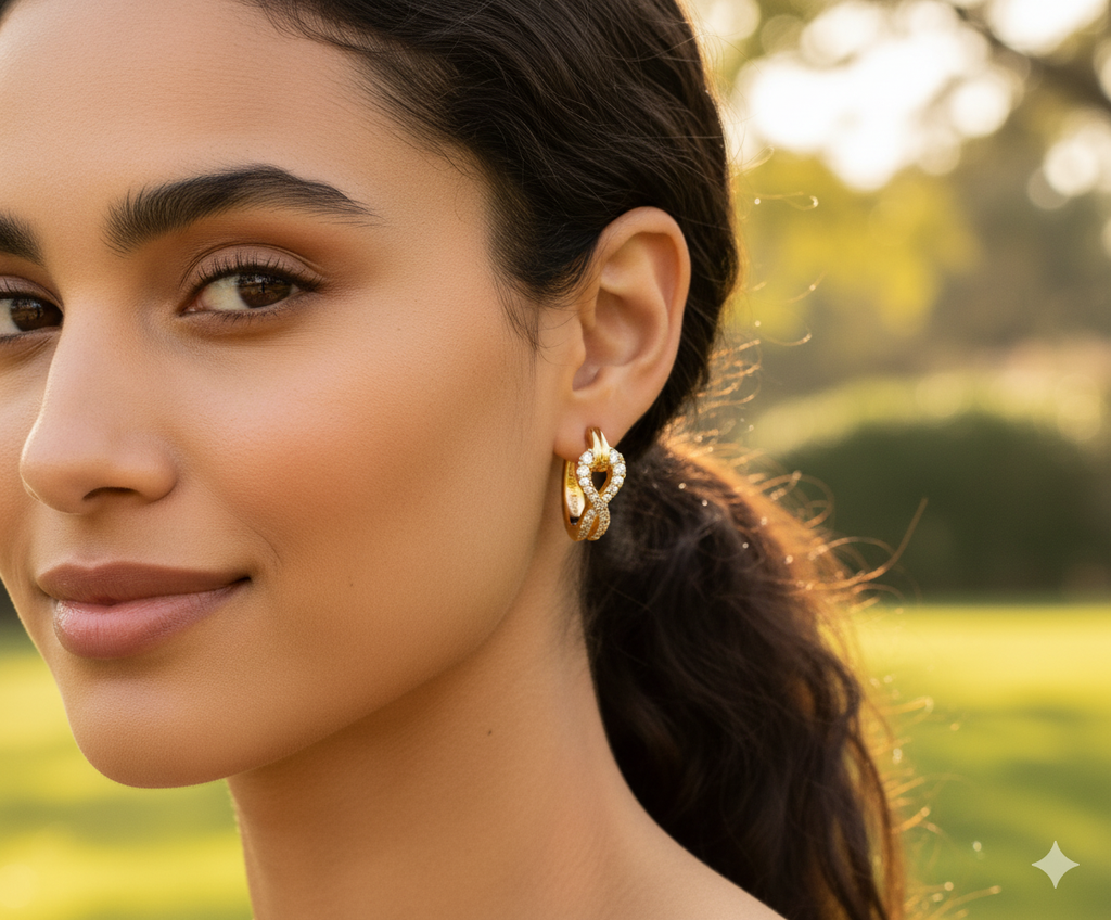 Model wearing Luxe Loop Earrings – gold-plated geometric loops adorned with zircon stones, luxury jewelry by Dione Canada