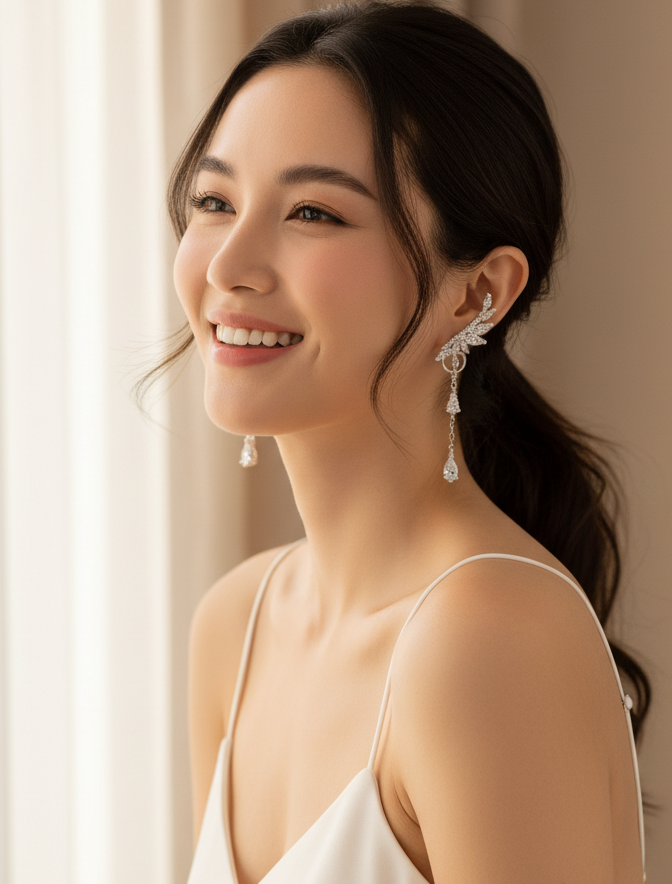 Model wearing Lyria Earrings – wing-inspired twin drop earrings in platinum-plated sterling silver with zircon detailing, by Dione Canada