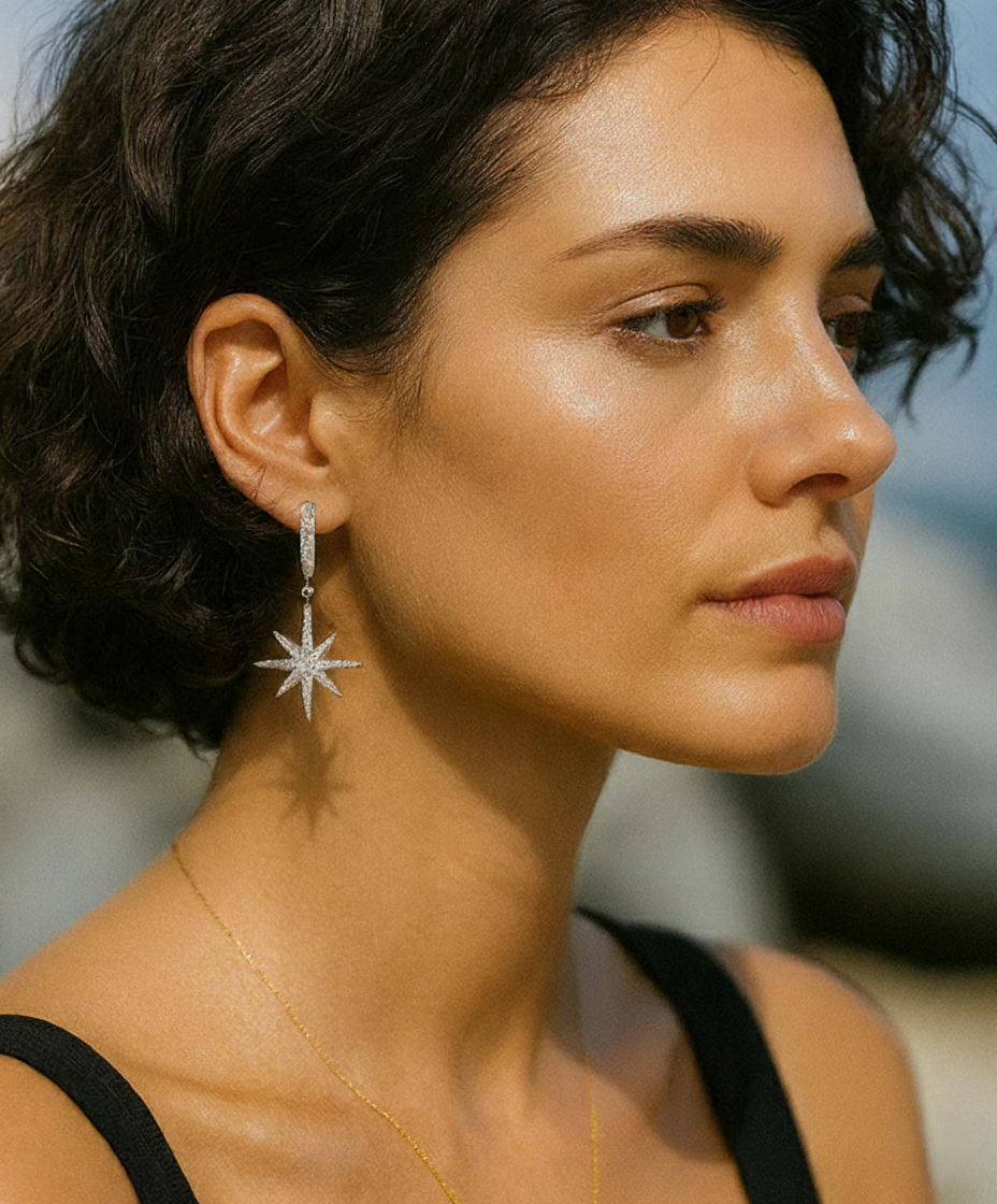 Model wearing Nova Dangle Earrings – minimalist 925 silver dangle jewelry, designed by Dione Canada