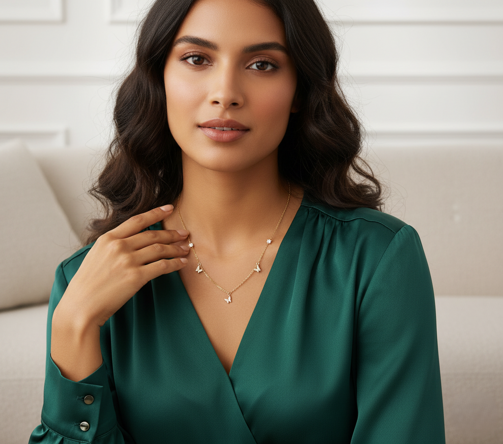 Model wearing Papillon Necklace – gold-plated sterling silver butterfly and star charm necklace with zircon accents by Dione Canada