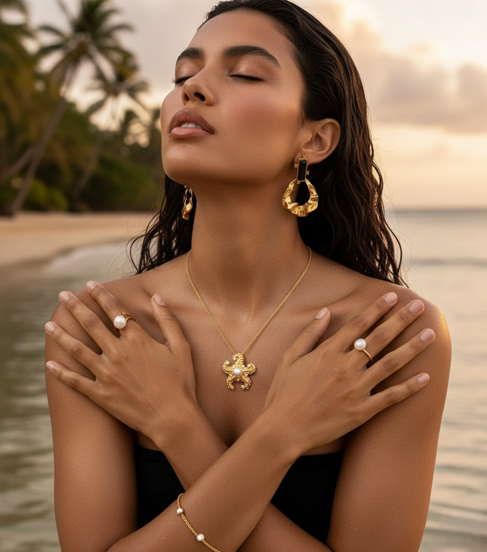 Model wearing Pearl Crest Pendant – elegant starfish design pendant with crystals and luminous pearl on gold-plated copper by Dione Canada