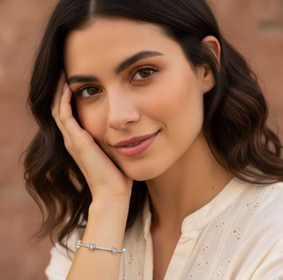 Model wearing Stellar Trail Bracelet – elegant silver-plated white copper bracelet with geometric star charms and zircon accents by Dione Canada