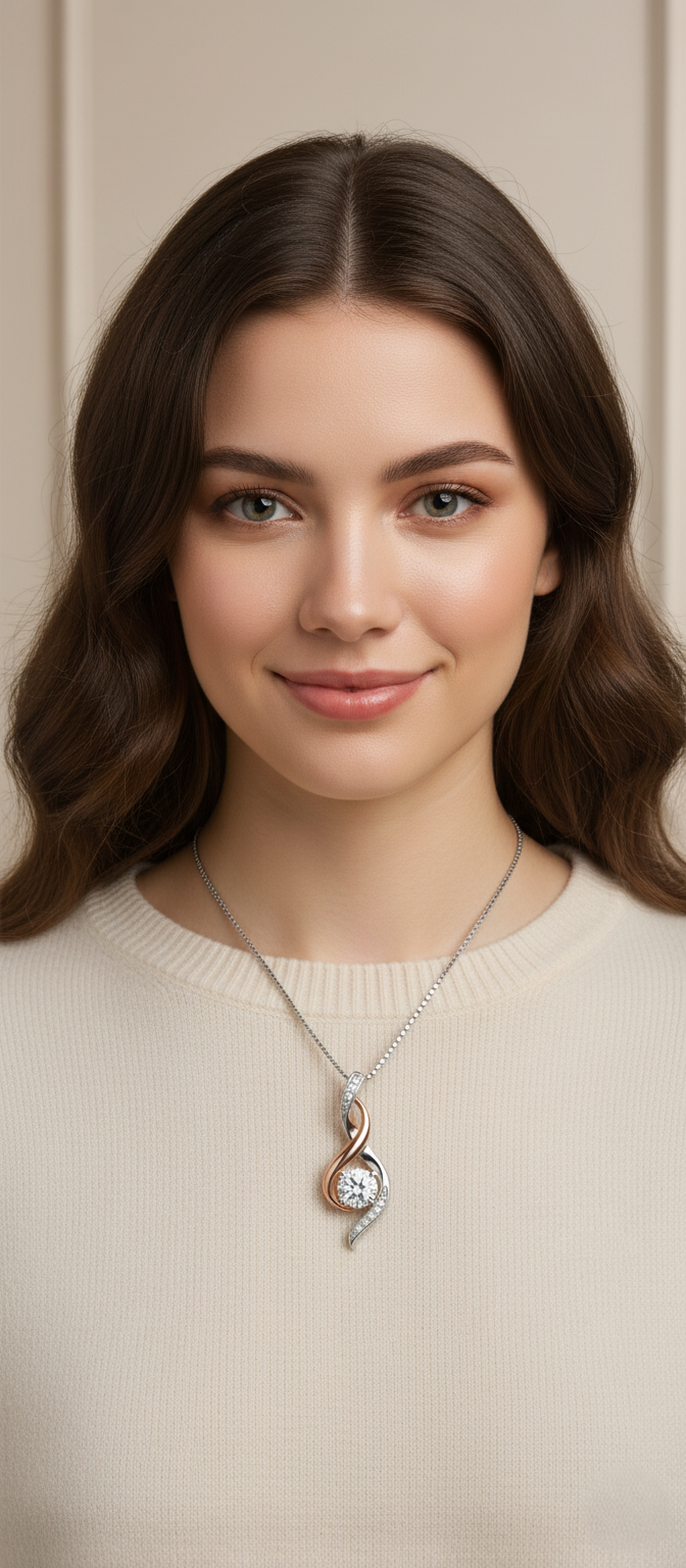 Model wearing Twilight Twist Pendant – elegant white-gold plated sterling silver pendant with zircon center and flowing curves by Dione Canada
