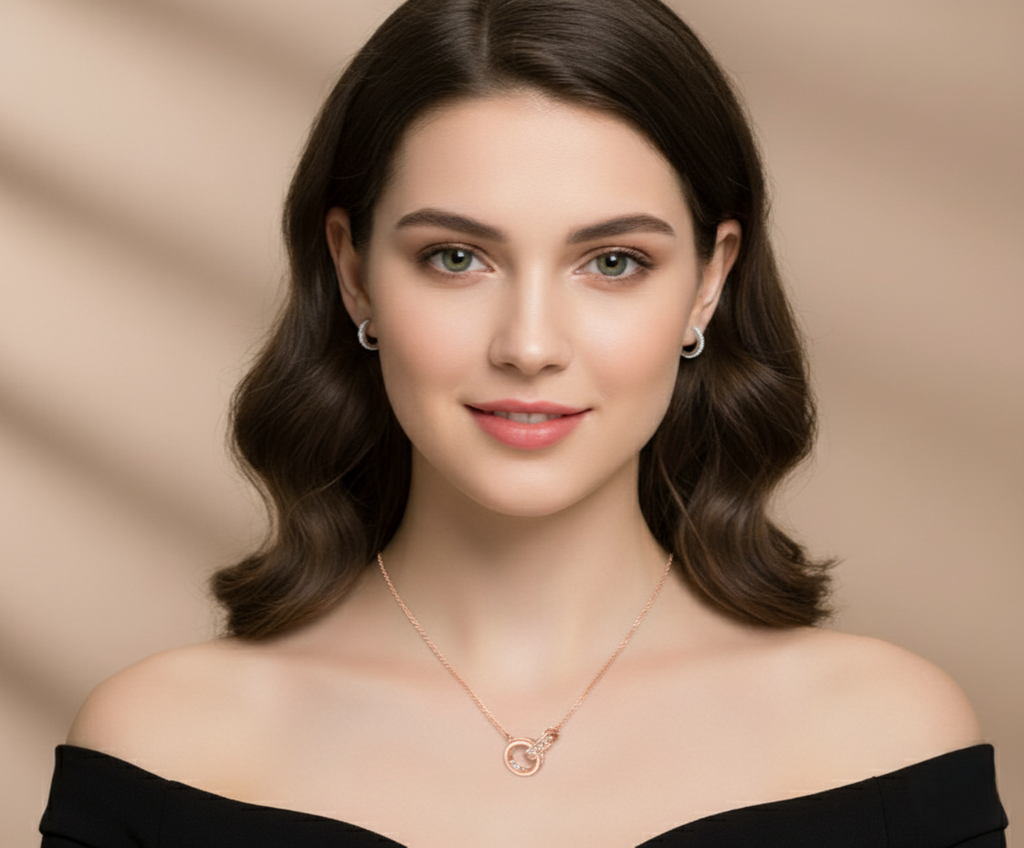 Model wearing Unity Necklace – sterling silver necklace with dual interlocking circle pendant and zircon accents by Dione Canada