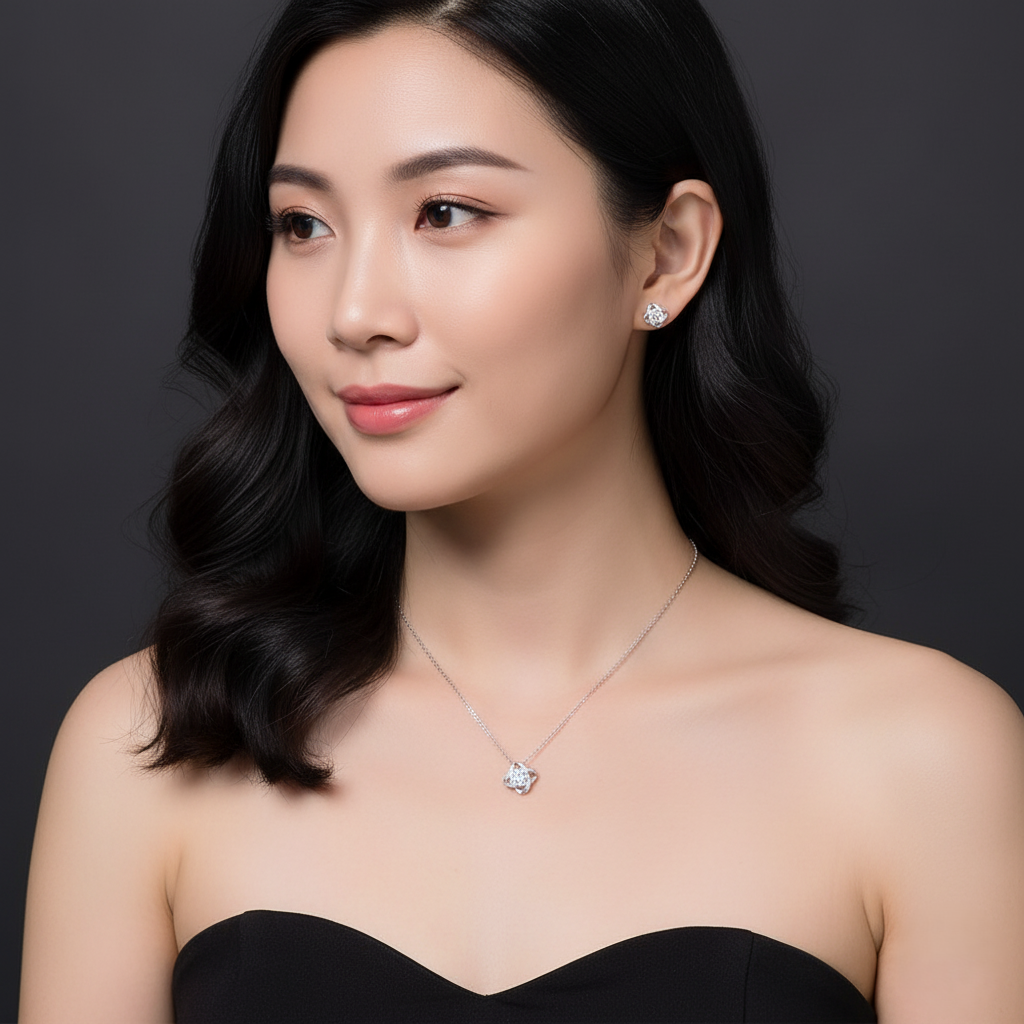 Model wearing Viora Necklace – elegant sterling silver link chain necklace with zircon clover pendant symbolizing grace and good fortune by Dione Canada