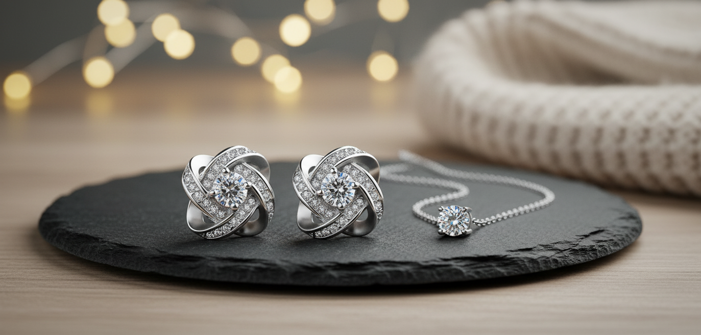 Model wearing Viora Studs Earrings – 925 sterling silver clover-shaped zircon studs designed by Dione Canada