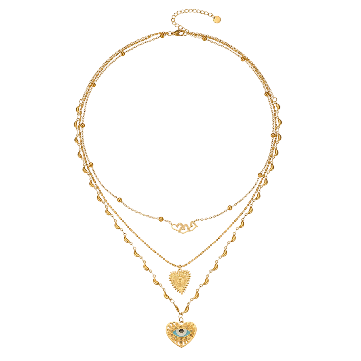 Nazara Necklace, a three-layer 18K gold plated evil eye heart necklace with sunburst charm